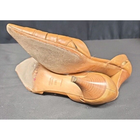 PRADA Walnut Brown Woven Leather Pointed Toe d'Orsay Wood Heel Pumps 39.5 - Picture 6 of 7